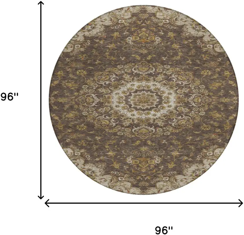 8' Chocolate And Brown Round Floral Medallion Washable Indoor Outdoor Area Rug Photo 8