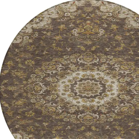 8' Chocolate And Brown Round Floral Medallion Washable Indoor Outdoor Area Rug Photo 2