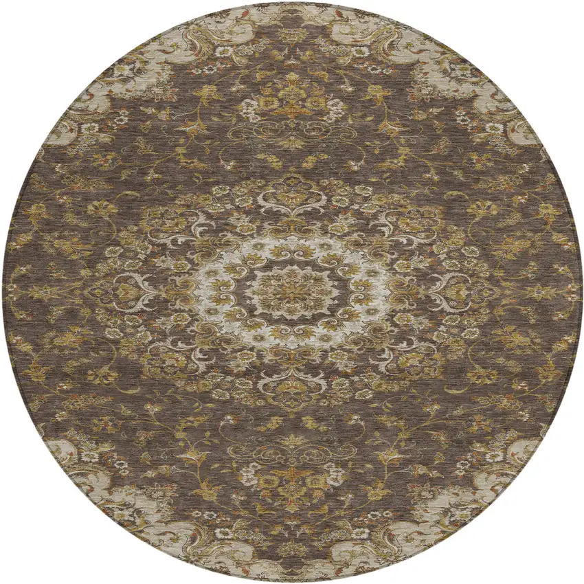 8' Chocolate And Brown Round Floral Medallion Washable Indoor Outdoor Area Rug Photo 1