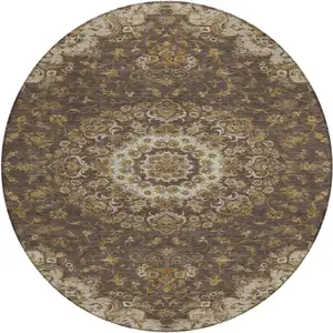Photo of 8' Chocolate And Brown Round Floral Medallion Washable Indoor Outdoor Area Rug