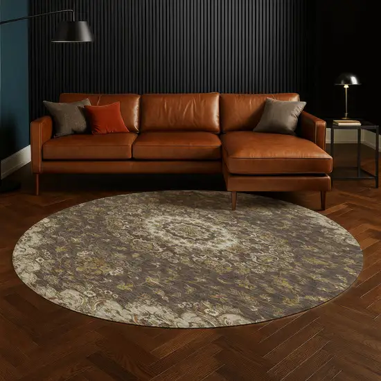 8' Chocolate And Brown Round Floral Medallion Washable Indoor Outdoor Area Rug Photo 5