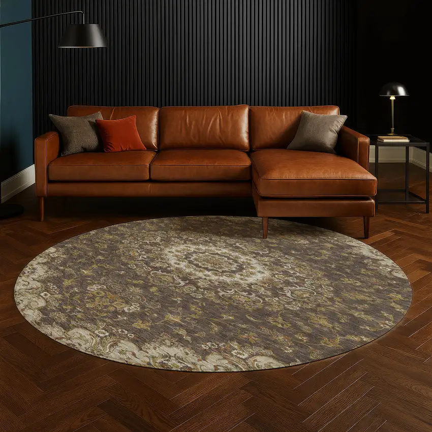 8' Chocolate And Brown Round Floral Medallion Washable Indoor Outdoor Area Rug Photo 5