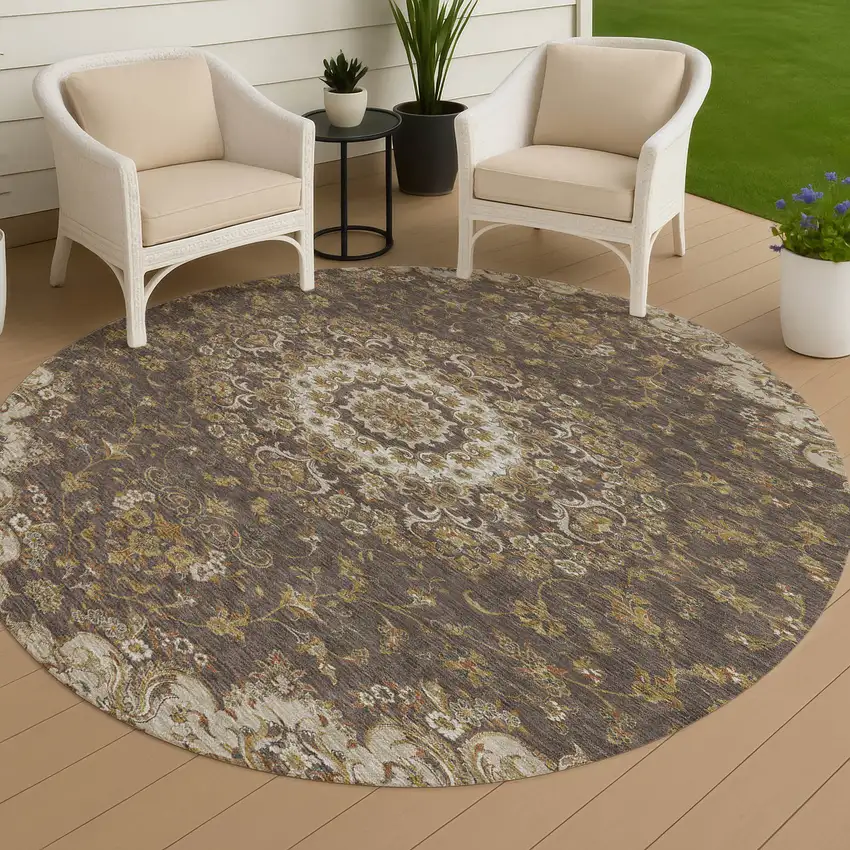 8' Chocolate And Brown Round Floral Medallion Washable Indoor Outdoor Area Rug Photo 4