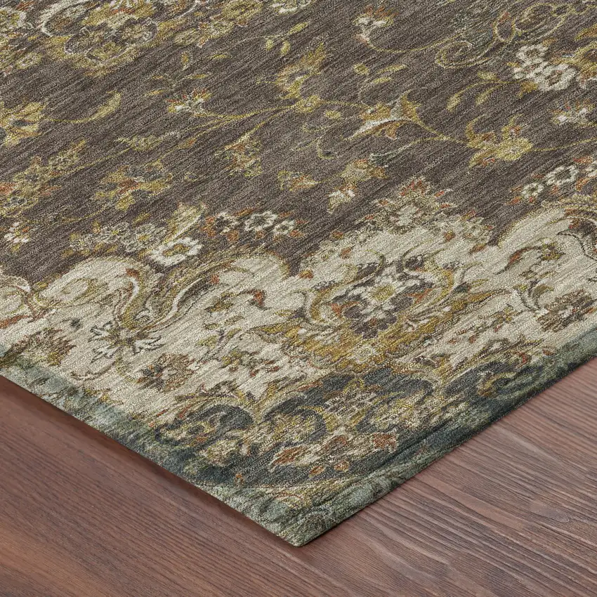 8' Chocolate And Brown Round Floral Medallion Washable Indoor Outdoor Area Rug Photo 6