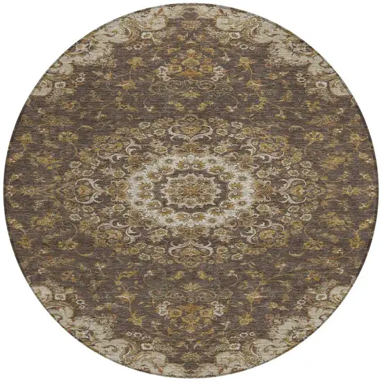 8' Chocolate And Brown Round Floral Medallion Washable Indoor Outdoor Area Rug Photo 3