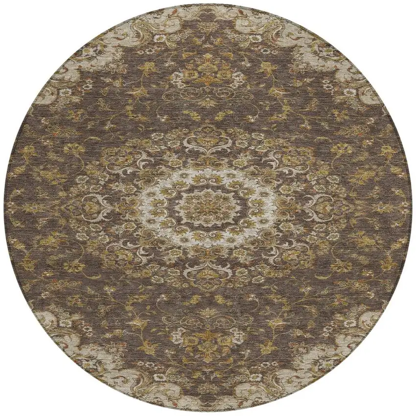 8' Chocolate And Brown Round Floral Medallion Washable Indoor Outdoor Area Rug Photo 3