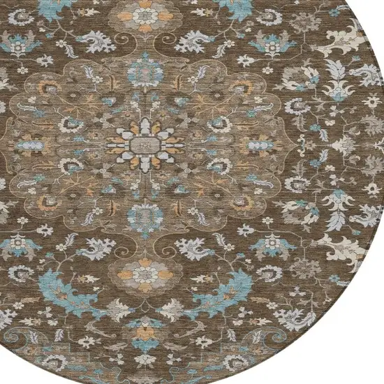 8' Chocolate And Brown Round Floral Medallion Washable Indoor Outdoor Area Rug Photo 3