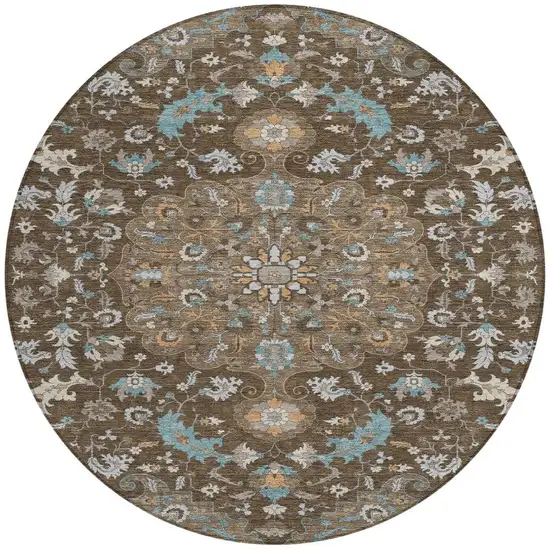 8' Chocolate And Brown Round Floral Medallion Washable Indoor Outdoor Area Rug Photo 4