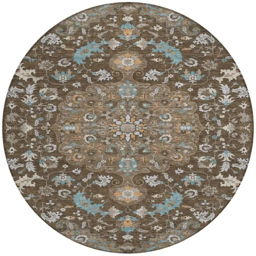 8' Chocolate And Brown Round Floral Medallion Washable Indoor Outdoor Area Rug Photo 4
