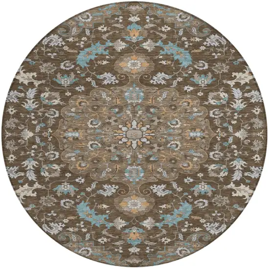 8' Chocolate And Brown Round Floral Medallion Washable Indoor Outdoor Area Rug Photo 2