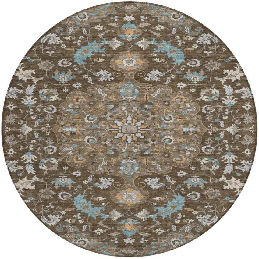 8' Chocolate And Brown Round Floral Medallion Washable Indoor Outdoor Area Rug Photo 2