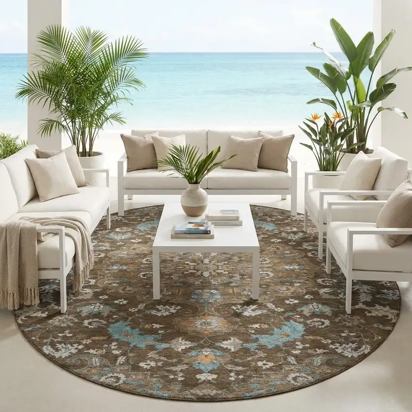 8' Chocolate And Brown Round Floral Medallion Washable Indoor Outdoor Area Rug Photo 1