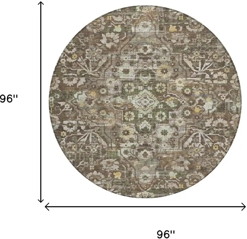 8' Chocolate And Brown Round Floral Medallion Washable Indoor Outdoor Area Rug Photo 5