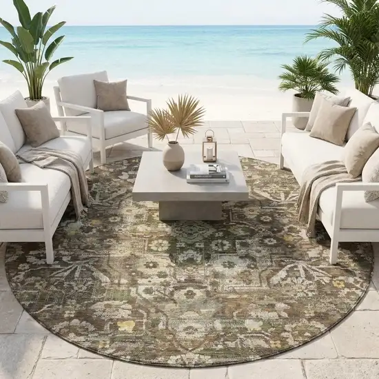 8' Chocolate And Brown Round Floral Medallion Washable Indoor Outdoor Area Rug Photo 1