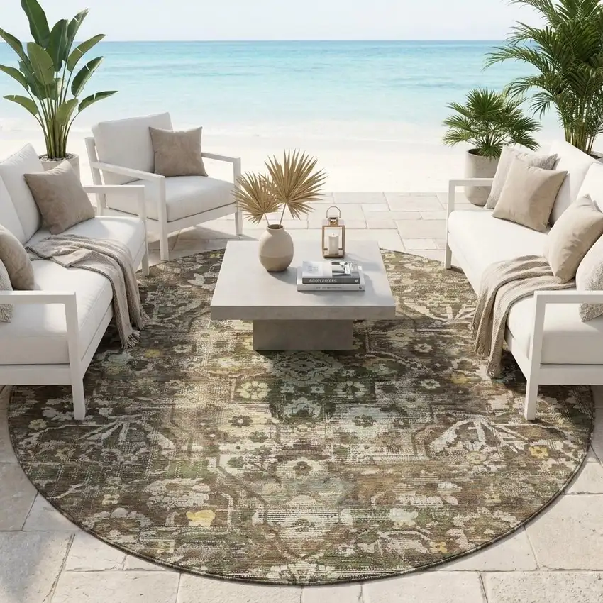 8' Chocolate And Brown Round Floral Medallion Washable Indoor Outdoor Area Rug Photo 1