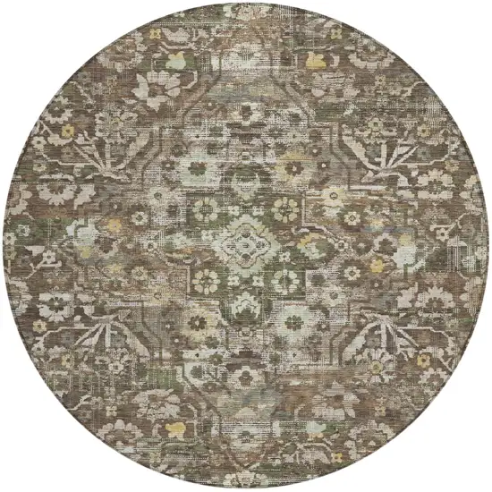 8' Chocolate And Brown Round Floral Medallion Washable Indoor Outdoor Area Rug Photo 2