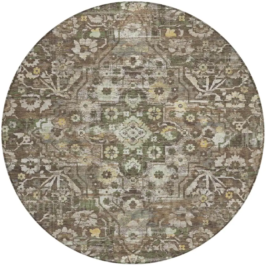 8' Chocolate And Brown Round Floral Medallion Washable Indoor Outdoor Area Rug Photo 2