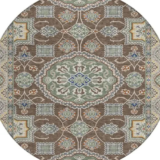 8' Chocolate And Brown Round Floral Medallion Washable Indoor Outdoor Area Rug Photo 3
