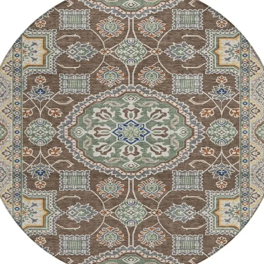 8' Chocolate And Brown Round Floral Medallion Washable Indoor Outdoor Area Rug Photo 3