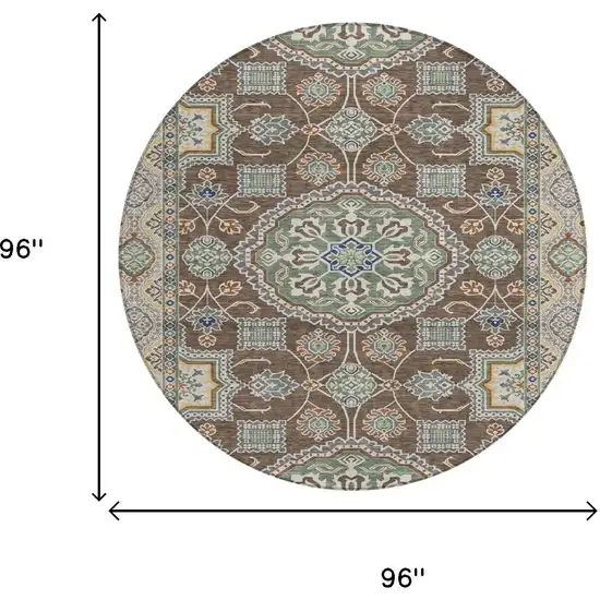 8' Chocolate And Brown Round Floral Medallion Washable Indoor Outdoor Area Rug Photo 6
