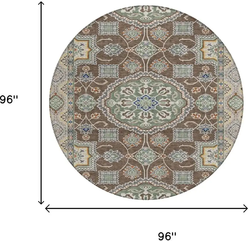 8' Chocolate And Brown Round Floral Medallion Washable Indoor Outdoor Area Rug Photo 6
