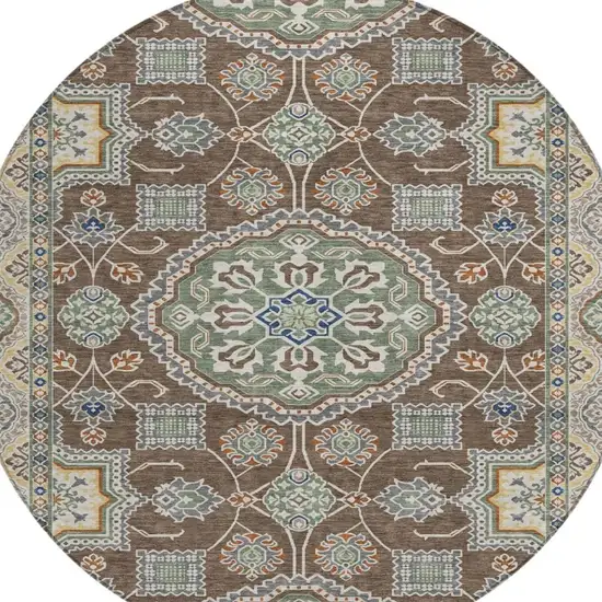 8' Chocolate And Brown Round Floral Medallion Washable Indoor Outdoor Area Rug Photo 2
