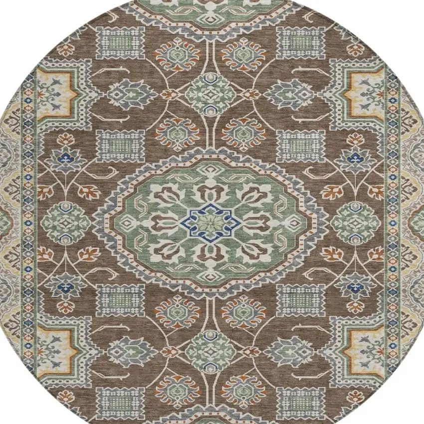 8' Chocolate And Brown Round Floral Medallion Washable Indoor Outdoor Area Rug Photo 2