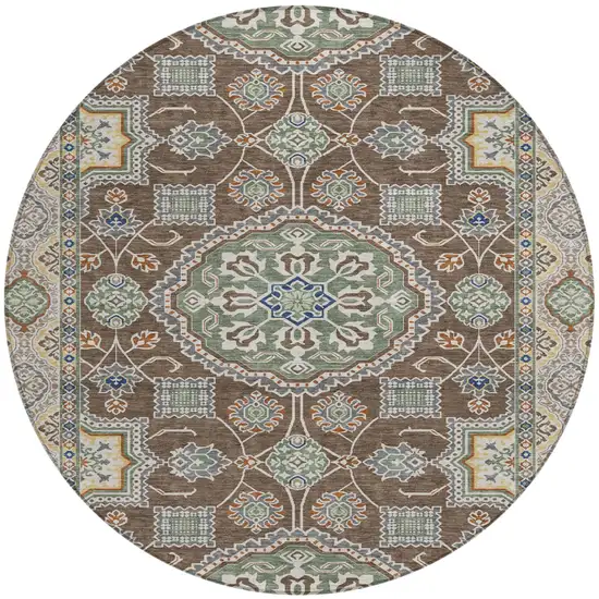 8' Chocolate And Brown Round Floral Medallion Washable Indoor Outdoor Area Rug Photo 1