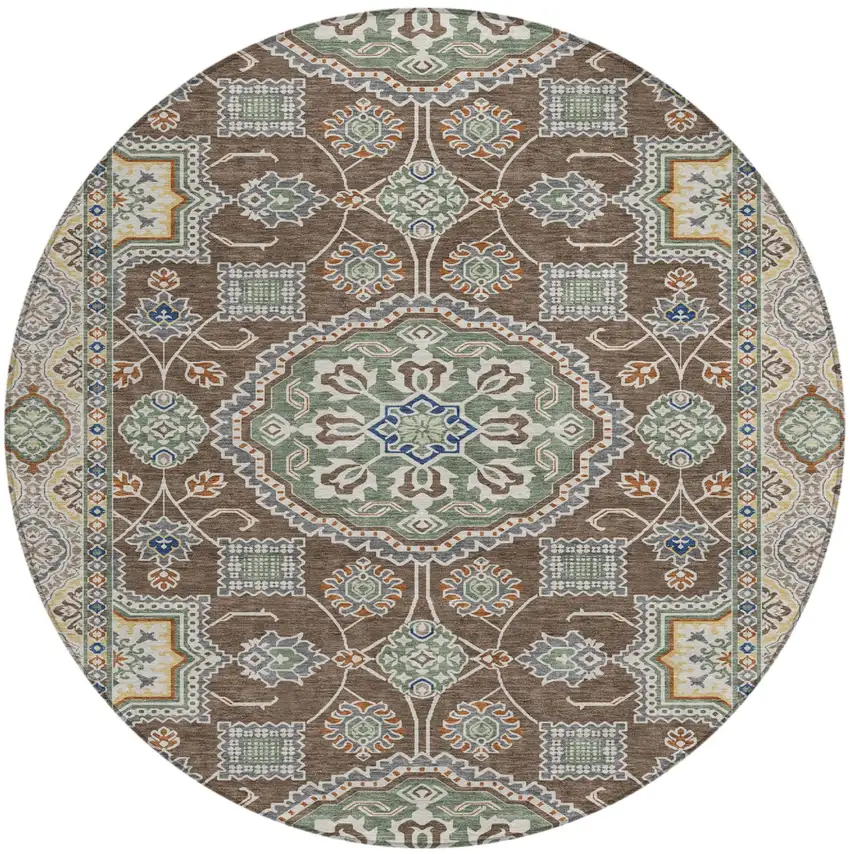 8' Chocolate And Brown Round Floral Medallion Washable Indoor Outdoor Area Rug Photo 1