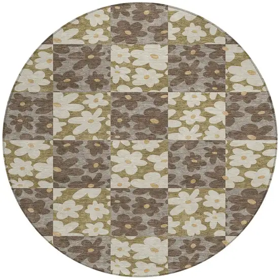 8' Chocolate And Brown Round Floral Washable Indoor Outdoor Area Rug Photo 3