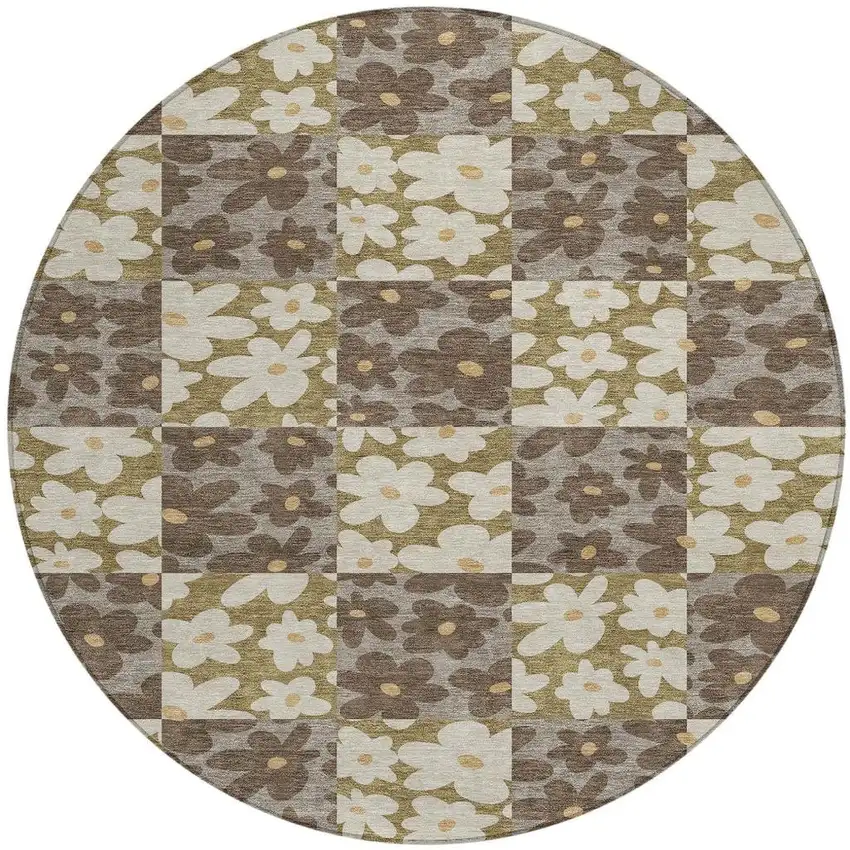 8' Chocolate And Brown Round Floral Washable Indoor Outdoor Area Rug Photo 3