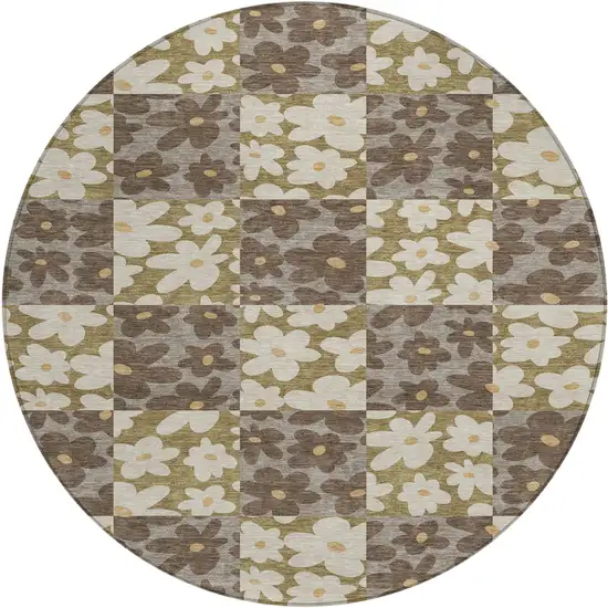 8' Chocolate And Brown Round Floral Washable Indoor Outdoor Area Rug Photo 1