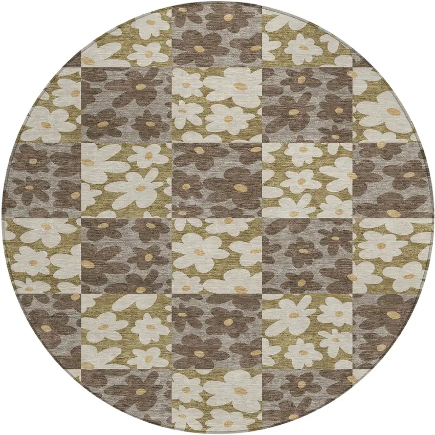 8' Chocolate And Brown Round Floral Washable Indoor Outdoor Area Rug Photo 1