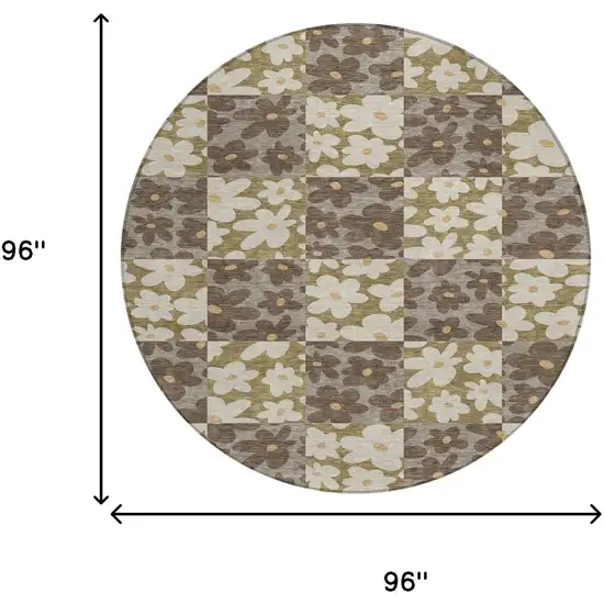 8' Chocolate And Brown Round Floral Washable Indoor Outdoor Area Rug Photo 8