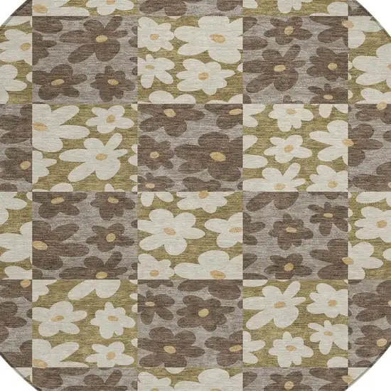 8' Chocolate And Brown Round Floral Washable Indoor Outdoor Area Rug Photo 2