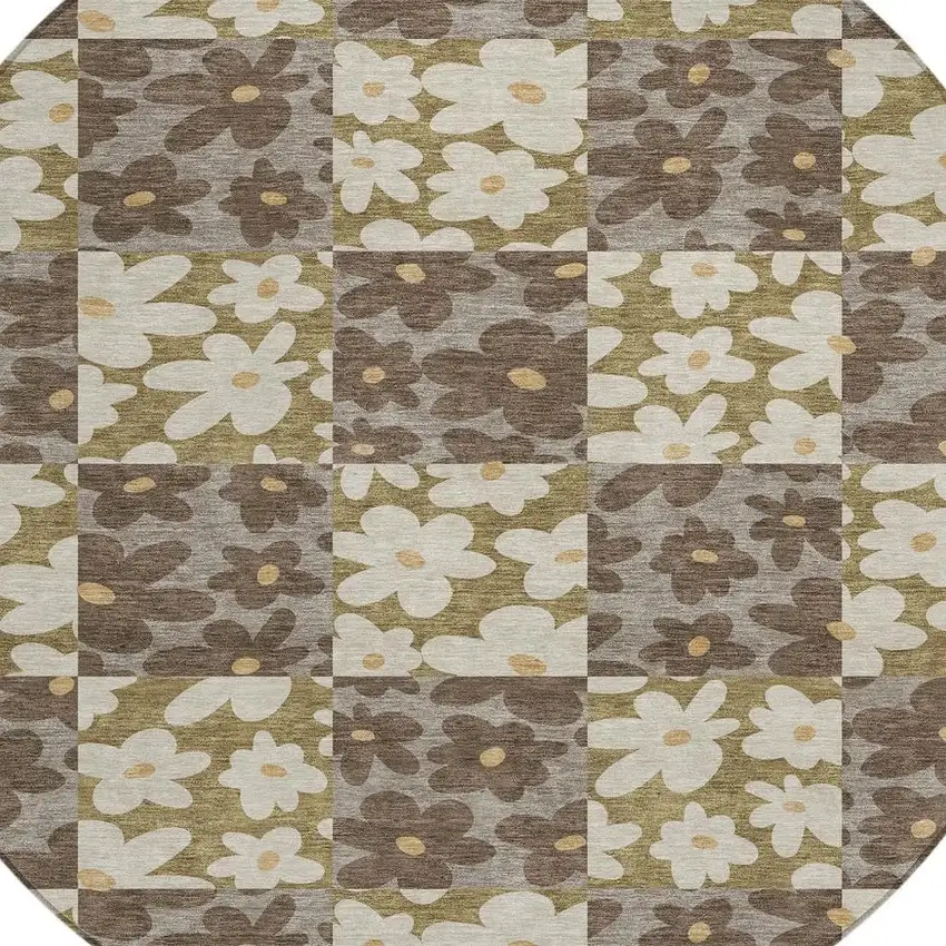 8' Chocolate And Brown Round Floral Washable Indoor Outdoor Area Rug Photo 2