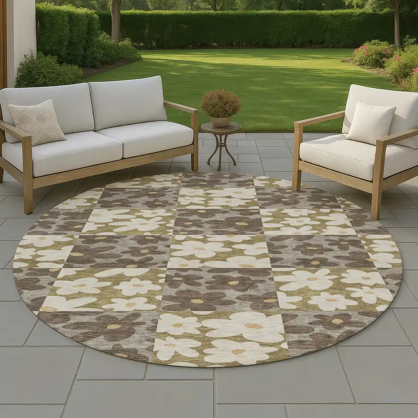 8' Chocolate And Brown Round Floral Washable Indoor Outdoor Area Rug Photo 4