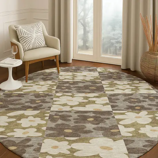 8' Chocolate And Brown Round Floral Washable Indoor Outdoor Area Rug Photo 5