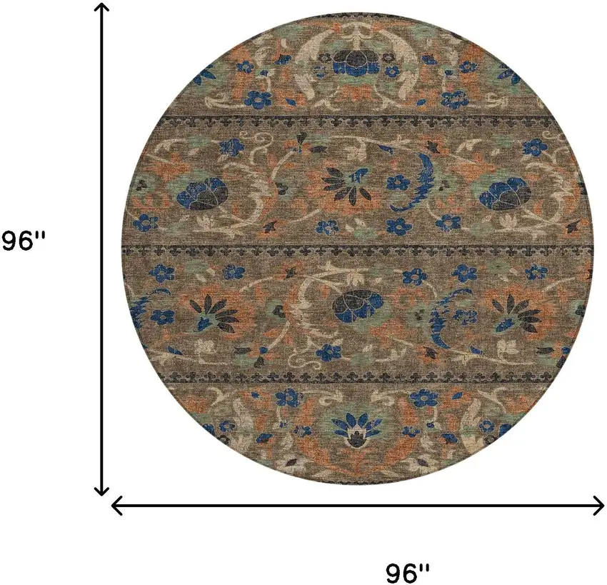 8' Chocolate And Brown Round Floral Washable Indoor Outdoor Area Rug Photo 8