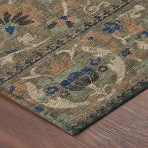 Photo of 8' Chocolate And Brown Round Floral Washable Indoor Outdoor Area Rug