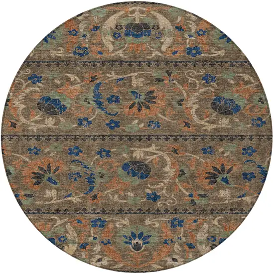 8' Chocolate And Brown Round Floral Washable Indoor Outdoor Area Rug Photo 3