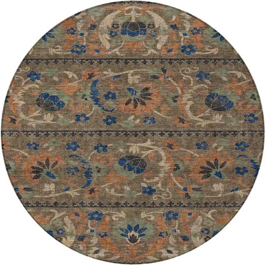 8' Chocolate And Brown Round Floral Washable Indoor Outdoor Area Rug Photo 3