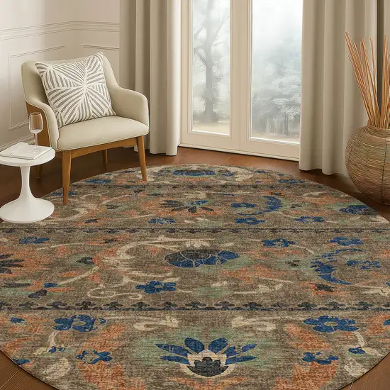 8' Chocolate And Brown Round Floral Washable Indoor Outdoor Area Rug Photo 5