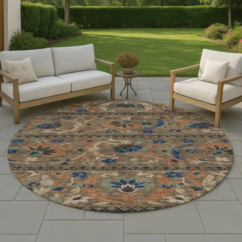 8' Chocolate And Brown Round Floral Washable Indoor Outdoor Area Rug Photo 4