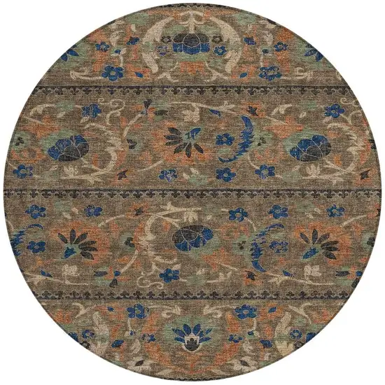 8' Chocolate And Brown Round Floral Washable Indoor Outdoor Area Rug Photo 2