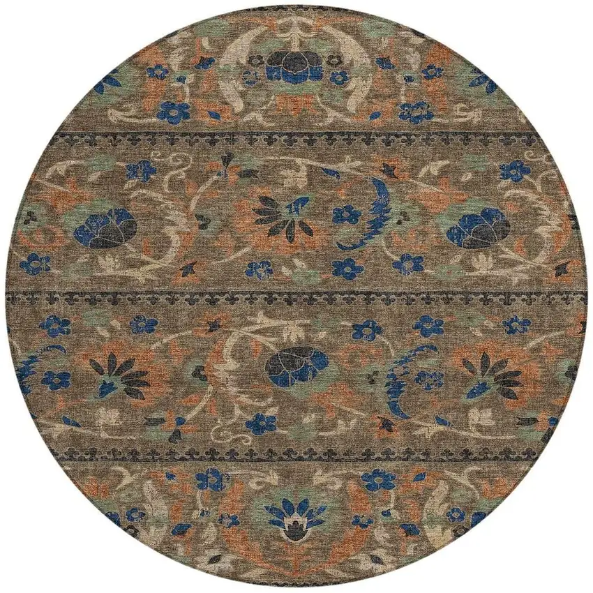 8' Chocolate And Brown Round Floral Washable Indoor Outdoor Area Rug Photo 2
