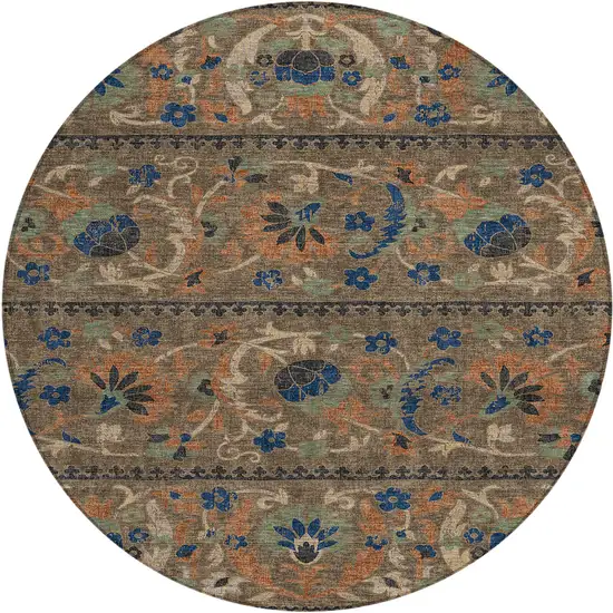 8' Chocolate And Brown Round Floral Washable Indoor Outdoor Area Rug Photo 1