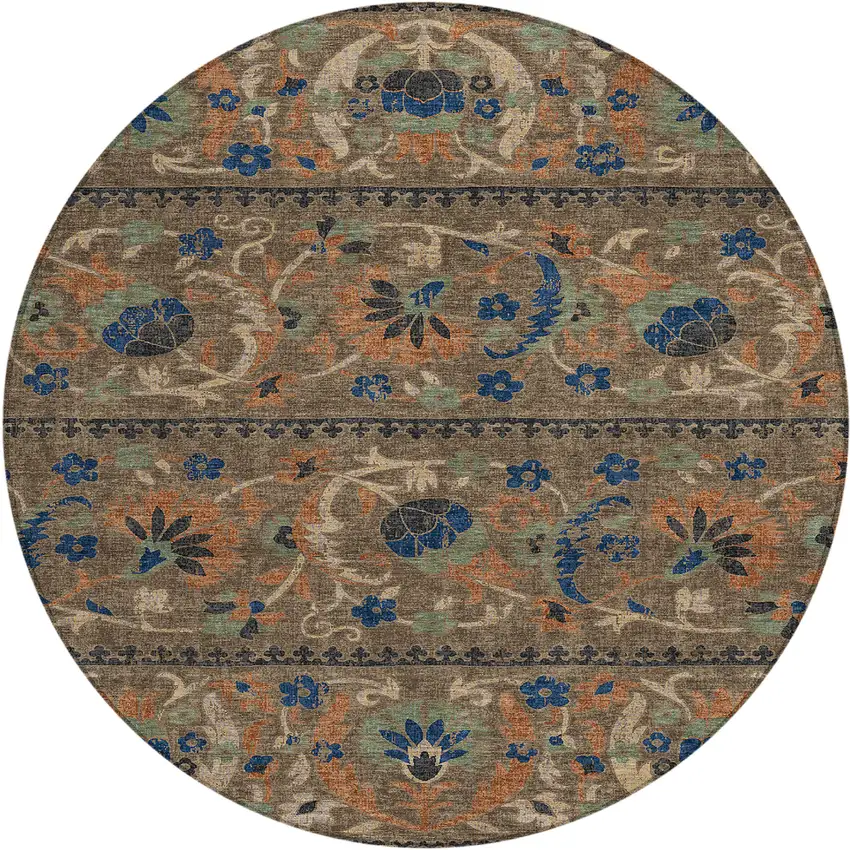 8' Chocolate And Brown Round Floral Washable Indoor Outdoor Area Rug Photo 1
