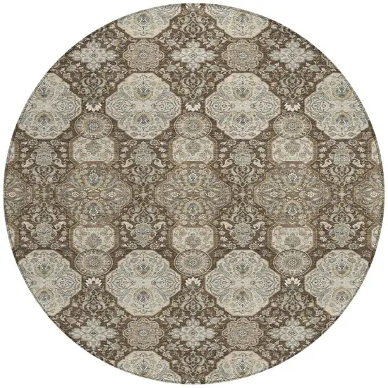 8' Chocolate And Brown Round Floral Washable Indoor Outdoor Area Rug Photo 4