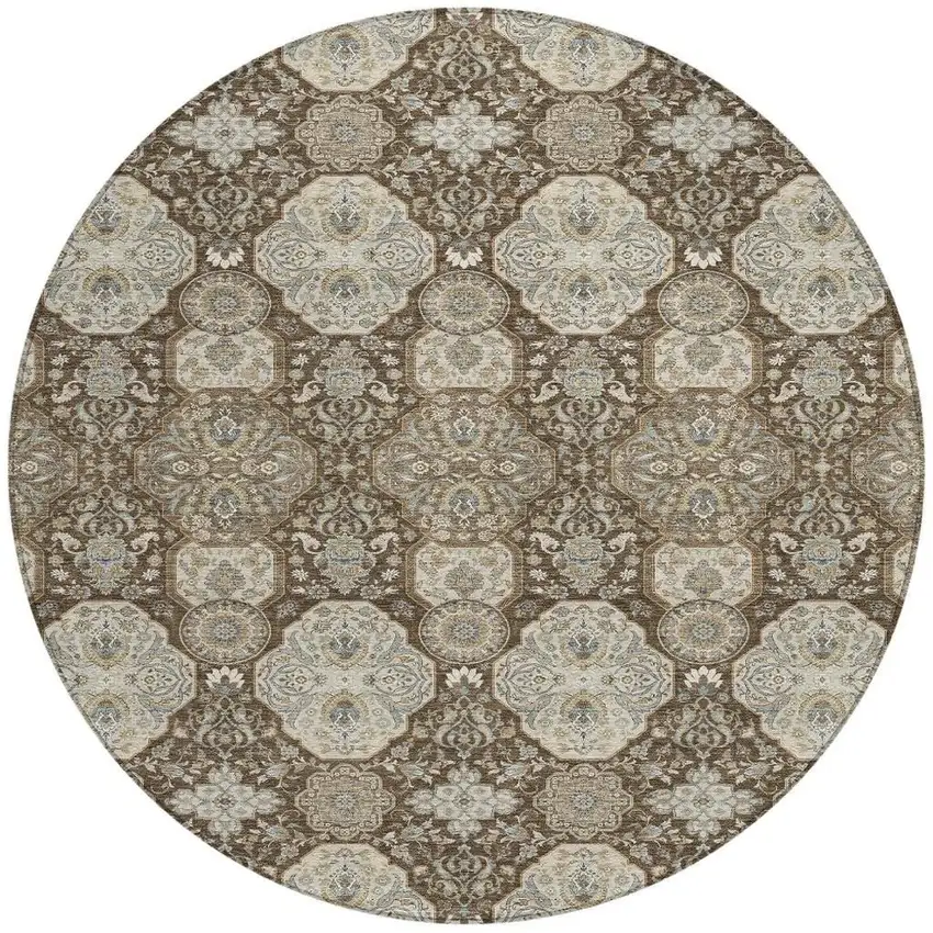 8' Chocolate And Brown Round Floral Washable Indoor Outdoor Area Rug Photo 4